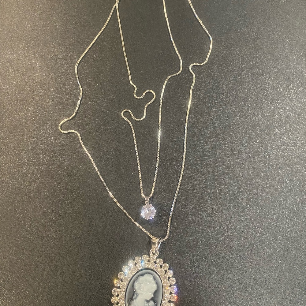 Silver Cameo Pendant Necklace with Clear Crystal Accent - Women's Jewelry